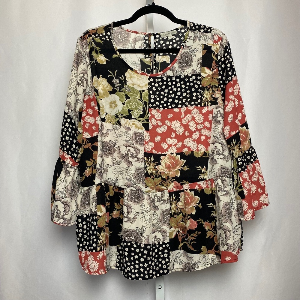 Chenault Womenʻs 3/4 Sleeve Patchwork Floral Print Relaxed Fit Boho Top XL